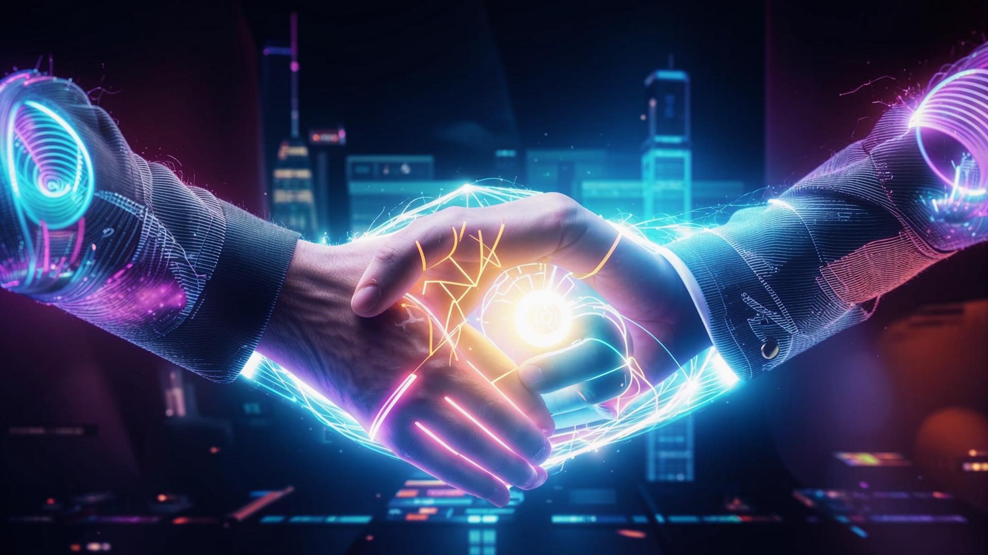 Handshake overlayed with digital collaboration icons